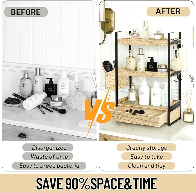 3-Tier Bathroom Counter Organizer with Drawer Basket and Hooks, Wood Bathroom Organizers and Storage for Countertop, Farmhouse Brown Countertop Organizer, Counter Shelf for Vanity, Kitchen,Office