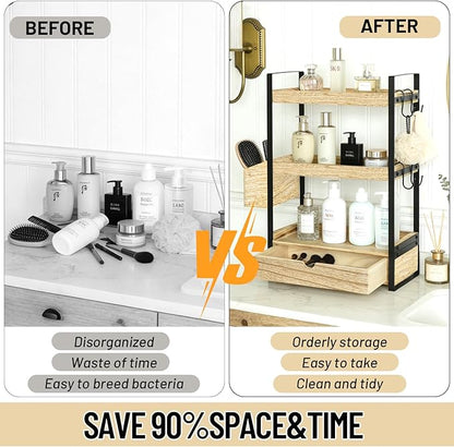 3-Tier Bathroom Counter Organizer with Drawer Basket and Hooks, Wood Bathroom Organizers and Storage for Countertop, Farmhouse Brown Countertop Organizer, Counter Shelf for Vanity, Kitchen,Office