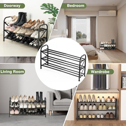 3-Tier Shoe Rack for Closet, 16"-32" Expandable ShoeRackAdjustable for Entryway Closet Doorway SturdyMetal, Black