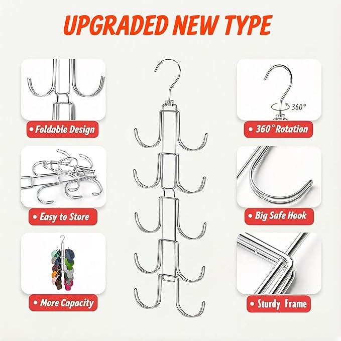 Baseball Hat Organizer for Closet, Collapsible Caps Rack with 10 Rotatable Large Hooks, Hat Hanger for Display,Storage and Closet Organizers,Metal Space Saving Holds Up to 40 Caps (Silver 2 Pcs)