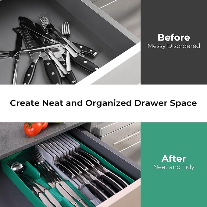 linoroso Knife Drawer Organizer Silverware Drawer Organizer with Kitchen Organizer, Cutlery Drawer Organizer Utensil Drawer Organizer for Knives, Flatware, and Utensils, BPA Free Secure Storage Tray
