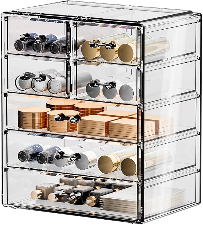 888 TIAN LUN Acrylic Clear Large Makeup Organizer - Jewelry Holder Organizer, Perfect Make Up Organizers and Storage for Vanity, Bathroom (3 Large, 4 Small Drawers - Clear)