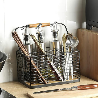 VANRA Utensil Holder Kitchen Condiment Organizer Utensil Caddy Storage Basket Organizer Metal Flatware Caddy with Wood Handle, Black