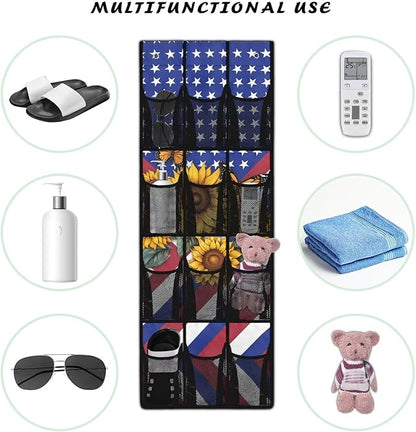 Over The Door Shoe Organizer 12 Large Mesh Pockets Boots Hanging Storage Shoe Rack for Closet Easy to Install Machine Washable,Sunflower American Flag