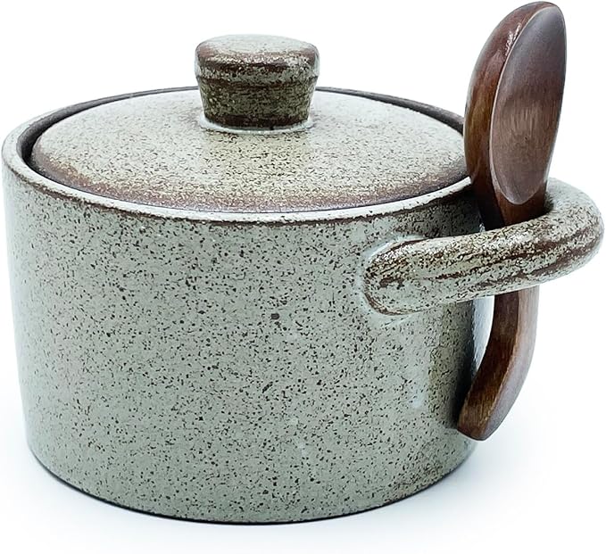 Ceramic Salt Cellar With Lid & Spoon,8oz Salt Container For Countertop,Sugar Bowl,Spice Jar(Coarse Pottery Color)