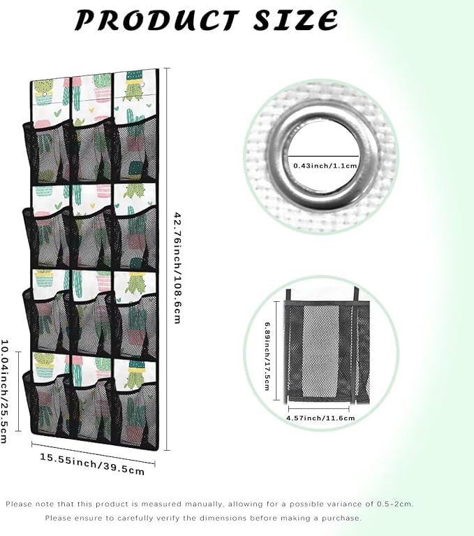 Cactus Behind the Door Storage Organizer with 12 Mesh Pockets Hanging Shoe Organizer for College Dorm Room Easy to Install Closet Door Holder Hanger Storage Bag Rack for Shoe