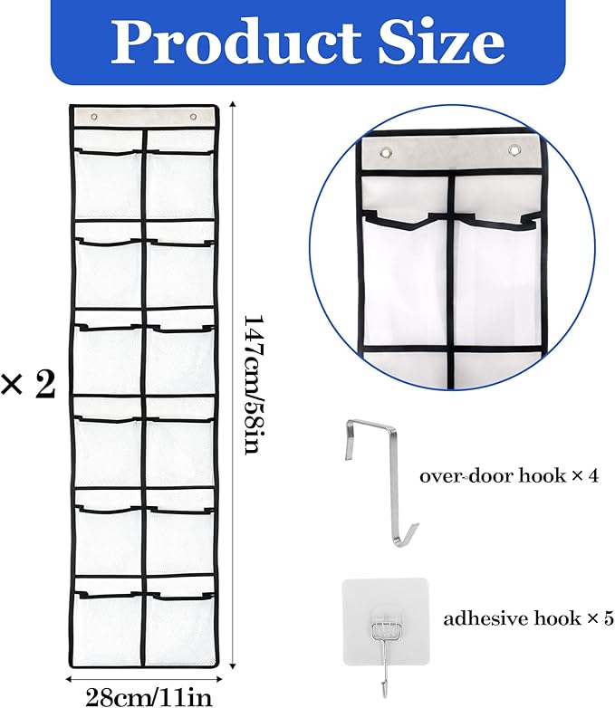 Klmnop 2 Pack Over The Door Organizer For Cruise Ships, 12-Pocket Hanging Storage with 9 Hooks for Cabin, 58x11 Inches, Cruise Essentials for Shoes and Toiletries(White)