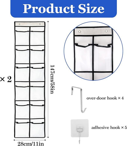 Klmnop 2 Pack Over The Door Organizer For Cruise Ships, 12-Pocket Hanging Storage with 9 Hooks for Cabin, 58x11 Inches, Cruise Essentials for Shoes and Toiletries(White)