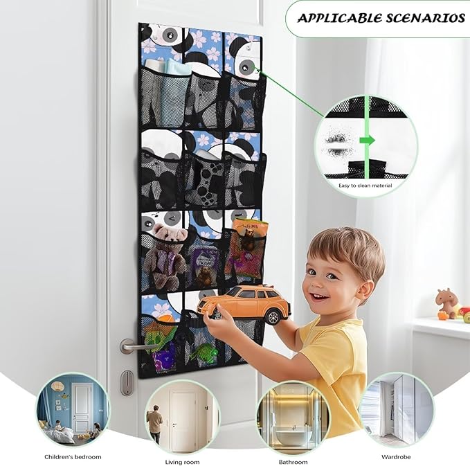 Flower Panda Over The Door Organizer with 12 Mesh Pockets, Cute Animal Print Hanging Storage Bag for Nursery & Kids Room, Durable Fabric for Toys & Diapers