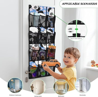 Flower Panda Over The Door Organizer with 12 Mesh Pockets, Cute Animal Print Hanging Storage Bag for Nursery & Kids Room, Durable Fabric for Toys & Diapers