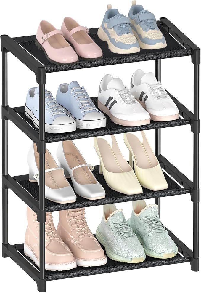 HITHIM 4 Tiers Small Shoe Rack,Narrow Stackable Shoe Shelf Organizer,Sturdy Shoe Stand, Non-Woven Fabric Metal Shoe Racks for Entryway, Doorway and Bedroom Closet