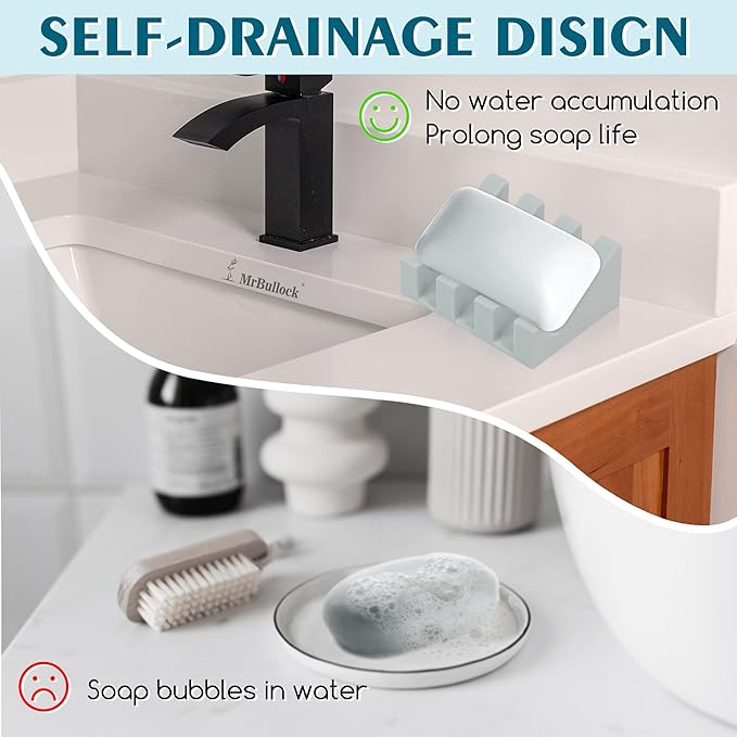 2 Pack Self Draining Silicone Soap Dish with Suction Cups - Non-Slip Bar Soap Holder for Shower & Kitchen, Waterfall Tray Keeps Soap Dry, Easy Clean, Extends Soap Life (Light Grey)