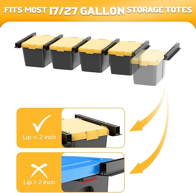 WALMANN Ceiling Tote Storage Rails, Heavy Duty Garage Ceiling Bin Storage Rack Adjustable Tote Slide Rail(6 Pack for 5 Bins, Bins Are Not Included)