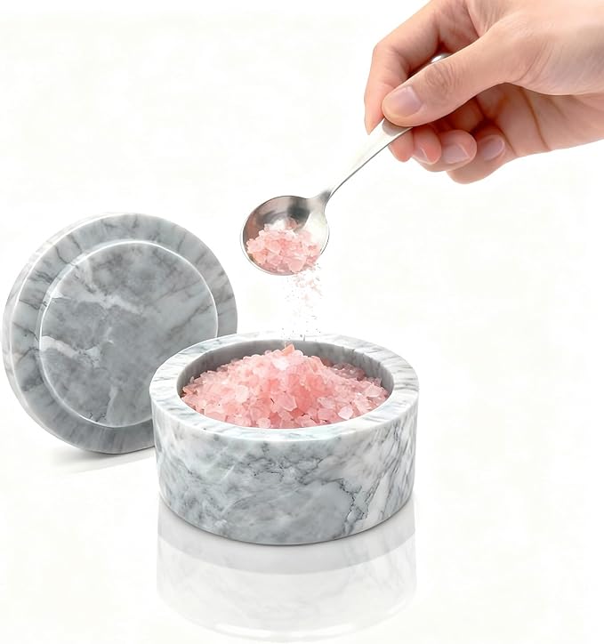 Marble Salt Shaker,Salt Cellar with Lid and Spoon,Pepper Shakers, Sugar Shakers, Suitable for Salt and Pepper,Vanilla Powder, Coffee Beans, kitchen counter decor,Cloudy White（NS047）
