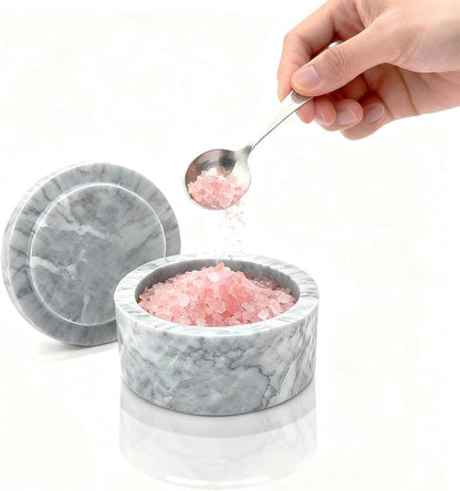 Marble Salt Shaker,Salt Cellar with Lid and Spoon,Pepper Shakers, Sugar Shakers, Suitable for Salt and Pepper,Vanilla Powder, Coffee Beans, kitchen counter decor,Cloudy White（NS047）