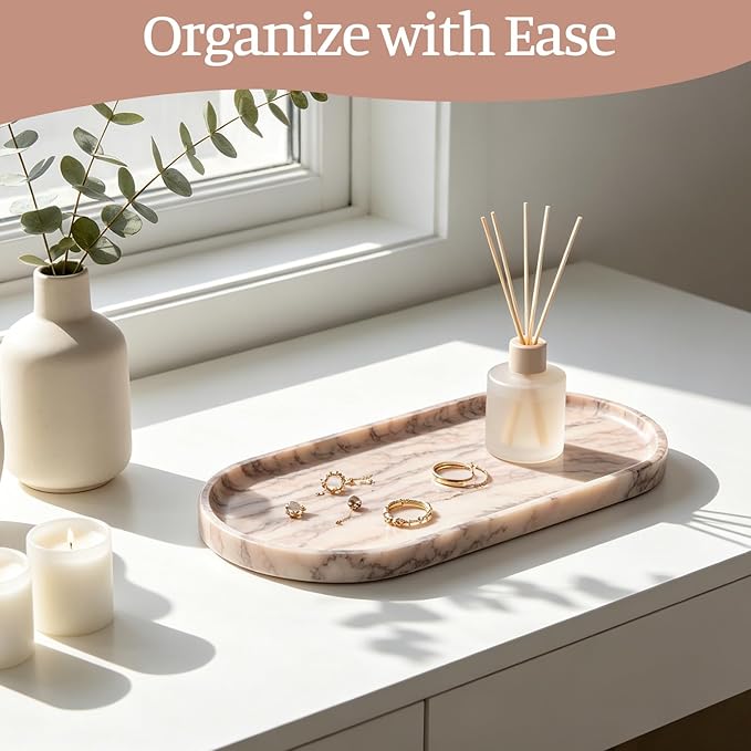 Koville Natural Marble Tray, 12"x6" Decorative Tray for Countertop, Catchall for Perfume, Candles, Jewelry Dish Moca Jade