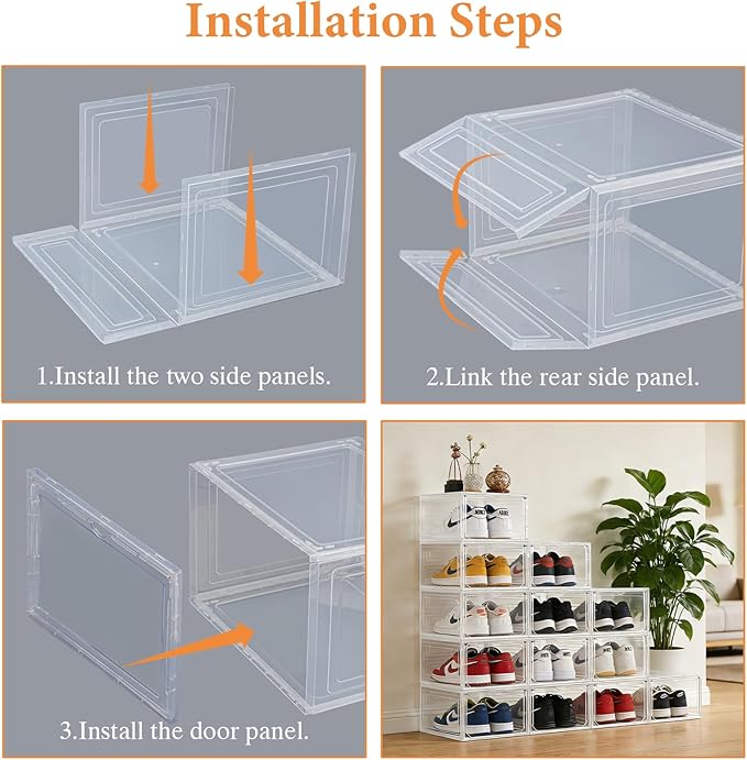 Stackable Storage Shoe Box with Magnetic Side Opening Door, Thick and Sturdy Transparent Plastic, Suitable for Floor Standing Shoe Racks and Storage in Wardrobes - 12Pcs