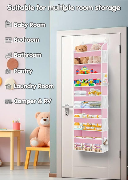TAHAVICE Pink Over the Door Organizer - 5-Tier Hanging Storage with Clear PVC Windows & 10 Mesh Pockets, Cute Closet Organizer for Makeup, Perfume, Toys, Perfect Pink Room Decor for Girl