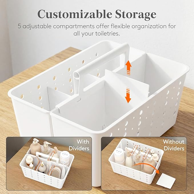 Lifewit Shower Caddy Portable, Cleaning Supplies Caddy Organizer with Handle and Adjustable Dividers, Plastic Shower Basket for Dorm Room Essentials, College, Bathroom, White, 2 Packs