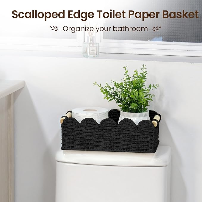 iEGrow Paper Rope Small Storage Baskets for Organizing, Set of 2 Scalloped Edge Wicker Basket with Wooden Handles Toilet Paper Basket for Over Toilet Storage Shelf, Home Decor, Living Room (Black)