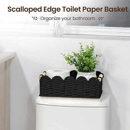 iEGrow Paper Rope Small Storage Baskets for Organizing, Set of 2 Scalloped Edge Wicker Basket with Wooden Handles Toilet Paper Basket for Over Toilet Storage Shelf, Home Decor, Living Room (Black)