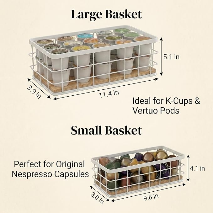 2-Pack White Coffee Pod Holder Basket with Wooden Base - Minimalist Cpffee Pod Organizer for Coffee Station, High-Capacity Wire Capsule Storage for Kitchen Countertop Office