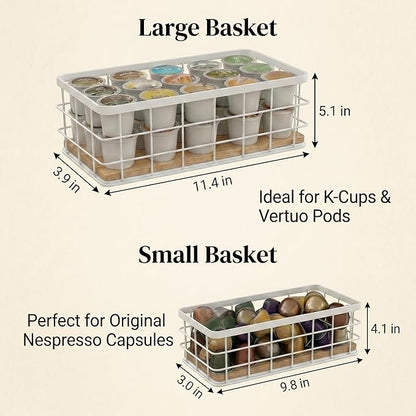 2-Pack White Coffee Pod Holder Basket with Wooden Base - Minimalist Cpffee Pod Organizer for Coffee Station, High-Capacity Wire Capsule Storage for Kitchen Countertop Office
