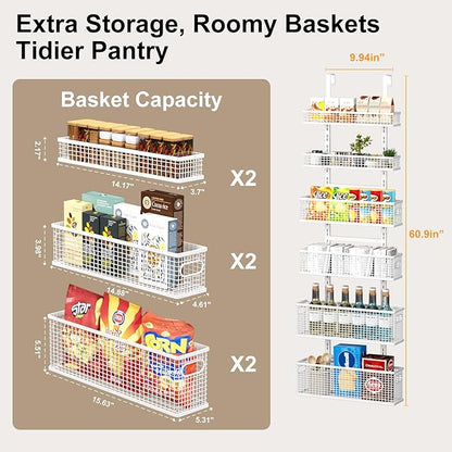 Bunoxea 6-Tier Over The Door Pantry Organizer,Hanging Spice Rack,Over Door Adjustable Basket with Handle,Pantry Organization And Storage, Laundry Room,Bathroom,Large Capacity,D5.3xW15.7xH60.9in