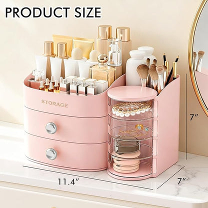 Makeup Organizer Countertop with Drawers, Make up Organizers for Vanity, Skincare Jewelry Earring Organizers, Cosmetic Display Cases Makeup Storage for Bedroom & Bathroom, Ideal Gifts for Women(Pink)