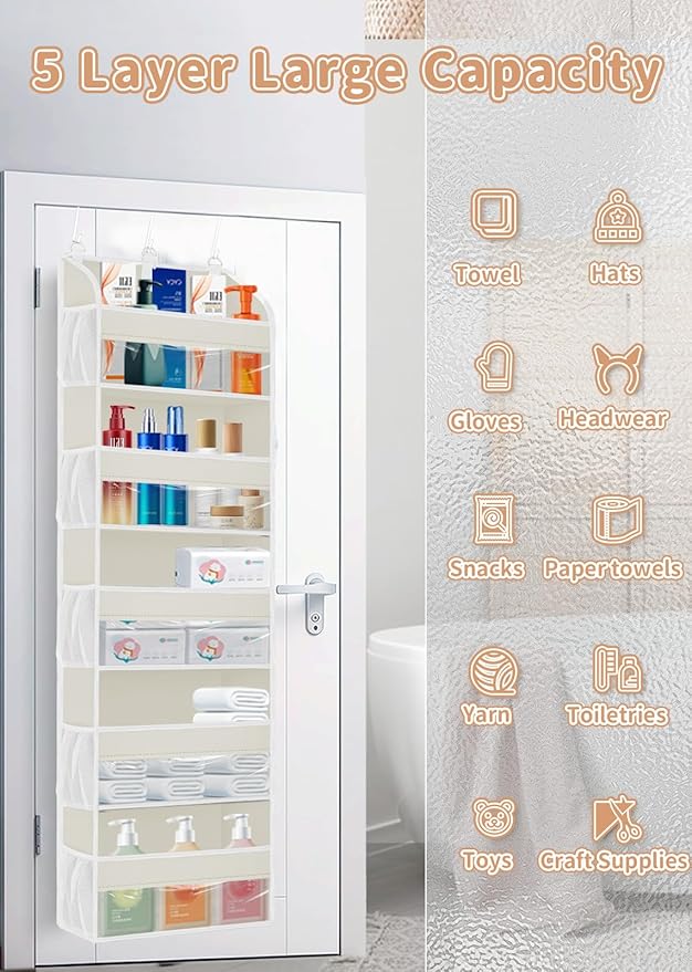 TAHAVICE 1 Pack Over The Door Storage Organizer with 5 Pockets 10 Mesh Pockets, 44 lbs Weight Capacity Door Hanging Organizers and Storage for Bedroom,Bathroom,Nursery,Kidroom,Babyroom