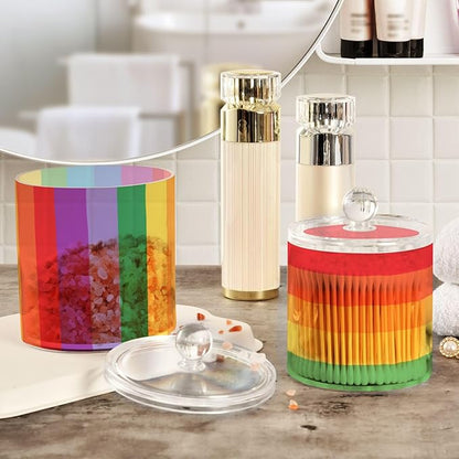 2 Pack Qtip Dispenser Apothecary Jars with Lids Cotton Round Holder Bathroom Canisters for Cotton Swab Floss Ball Pads Clear Plastic Decorative Vibrant Colorful Stripes