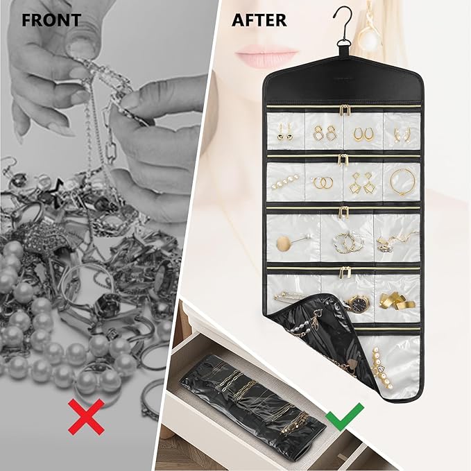 CHICECO Travel Jewelry Holder Organizer,Hanging Jewelry Organizer Storage With Zippered Pockets for Cloest,Wall,Door,Jewelry Holder for Earrings, Necklaces（Beige Black）