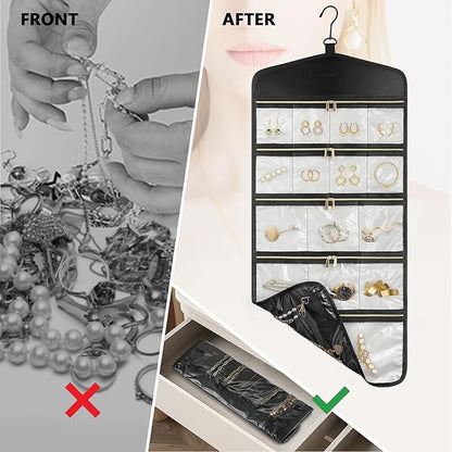 CHICECO Travel Jewelry Holder Organizer,Hanging Jewelry Organizer Storage With Zippered Pockets for Cloest,Wall,Door,Jewelry Holder for Earrings, Necklaces（Beige Black）