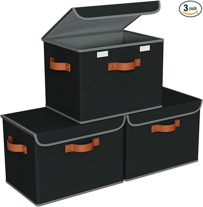 Univivi Heavy Duty Fabric Storage Bins with Lid, Large 17" 10 Gallon Stackable Storage Cube with Leather Handles, Decorative Storage Boxes with Lids for Bedroom, Closet, Nursery, Office, 3-Pack(Black)