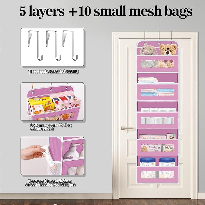 KYEVIS Over The Door Organizer, 5 Shelves Closet Door Hanging Organizer with 10 Mesh Pockets, Nursery Closet Organizer, Baby Essentials, Dorm Room Essentials for Girls