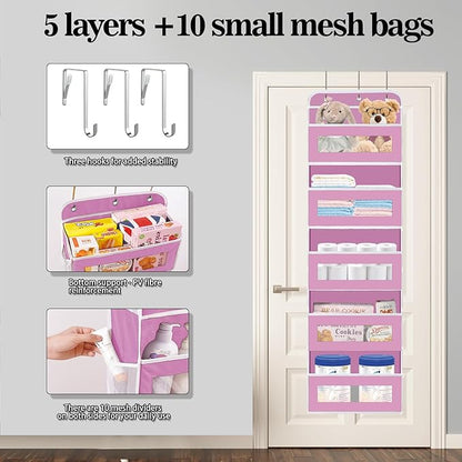 KYEVIS Over The Door Organizer, 5 Shelves Closet Door Hanging Organizer with 10 Mesh Pockets, Nursery Closet Organizer, Baby Essentials, Dorm Room Essentials for Girls