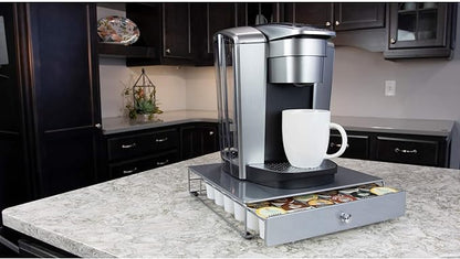 Nifty Coffee Pod Drawer - Silver Finish, Compatible with K-Cups, 36 Pod Pack Holder, Non-Rolling, Compact Under Coffee Pot Storage Sliding Drawer, Slim Home Kitchen Counter Organizer