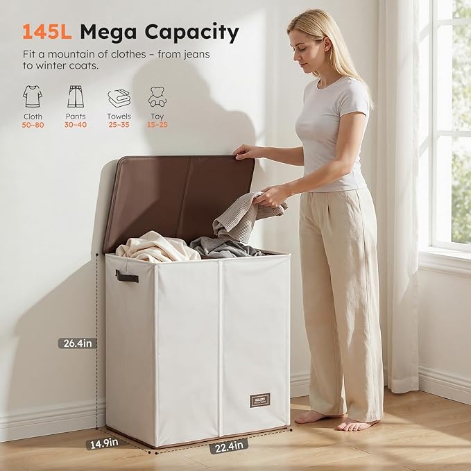 SOLEDI Luxury Double Laundry Hamper with Lid and Removable Bags, Large Hamper for Laundry, Laundry Basket 2 Sections, Collapsible Ditry Clothes Hamper for Bedroom, Laundry Room, Bathroom, Off-white