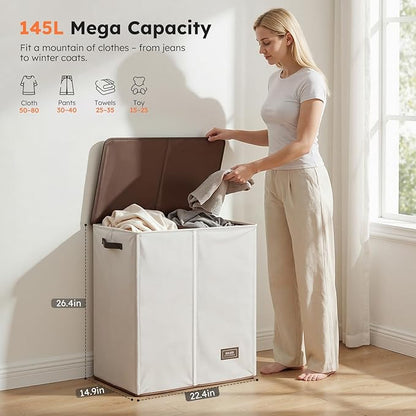 SOLEDI Luxury Double Laundry Hamper with Lid and Removable Bags, Large Hamper for Laundry, Laundry Basket 2 Sections, Collapsible Ditry Clothes Hamper for Bedroom, Laundry Room, Bathroom, Off-white