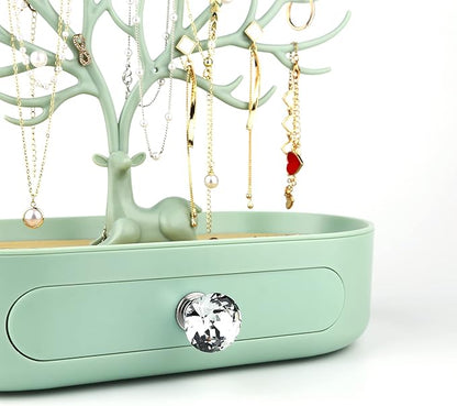 MORE&LESS Antlers Jewelry Display Stand with Drawer and Crystal Handle, Tree Tower Rack Hanging Organizer for Ring Earrings Necklace Bracelet