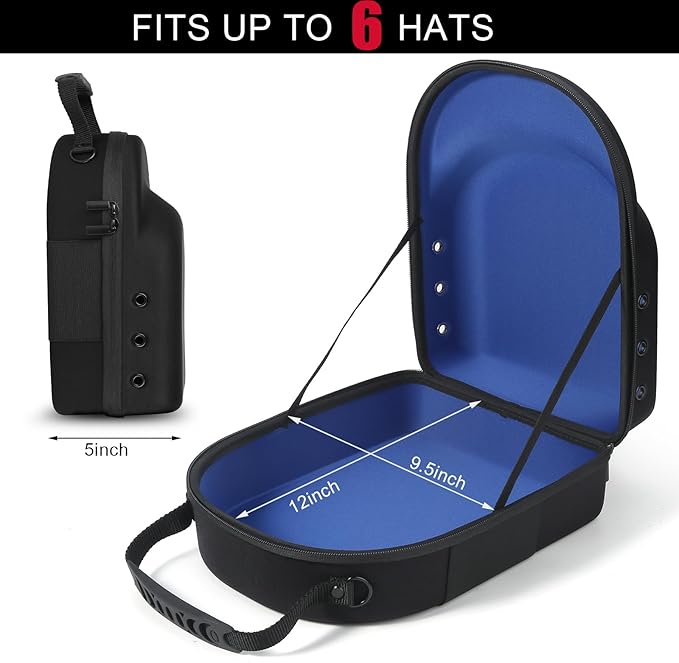 GERMUN Hard baseball hat case, Hat Carrier Travel Case with Adjustable Shoulder Strap, Hat cap case for 6 Baseball Caps - Perfect for Traveling & At-Home Storage (Black with Blue)