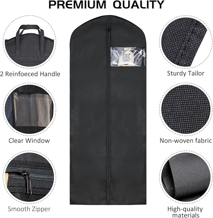 2 Pack 60"Garment Bags for Suits, Long Dress,Coats Lightweight Foldable with Travel Handle, Closet Storage and Travel-Friendly with Transparent Inner Bag Set, Black