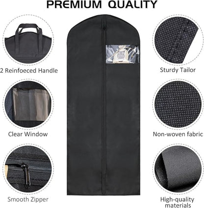 2 Pack 60"Garment Bags for Suits, Long Dress,Coats Lightweight Foldable with Travel Handle, Closet Storage and Travel-Friendly with Transparent Inner Bag Set, Black