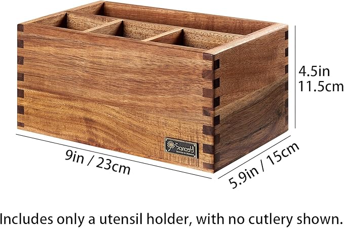 Acacia Wood Utensil Holder, Paper Plate Dispenser Organizer for Countertop - 4 Compartment Silverware Caddy for Friendsgiving Party - Cutlery Holder for Cup, Fork, Spoon, Kitchen, Camping