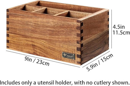 Acacia Wood Utensil Holder, Paper Plate Dispenser Organizer for Countertop - 4 Compartment Silverware Caddy for Friendsgiving Party - Cutlery Holder for Cup, Fork, Spoon, Kitchen, Camping