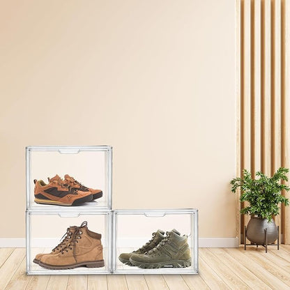 QWORK Stackable Plastic Closet Storage Container Shoebox - Clear Versatile Organizer for Shoes and Bags, 14x8.6x10.6 inches