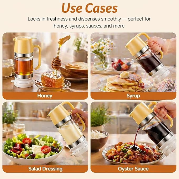 2026 New Dispensador De Leche Condensada, Glass Honey Dispenser with Stand No Drip, Maple Syrup Dispenser for Coffee and Tea Daily Use, Activities, Or Demonstrations (Yellow 300ML)