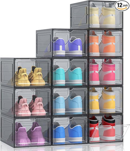 Kitsure Thicker & Sturdier Shoe Boxes - 12 Pack Black Clear Plastic Foldable Storage Organizer with Magnetic Door, Reinforced Heavy-Duty Design for Sneakers, Toiletries & Accessories, 13.2"x9.8"x7.3"