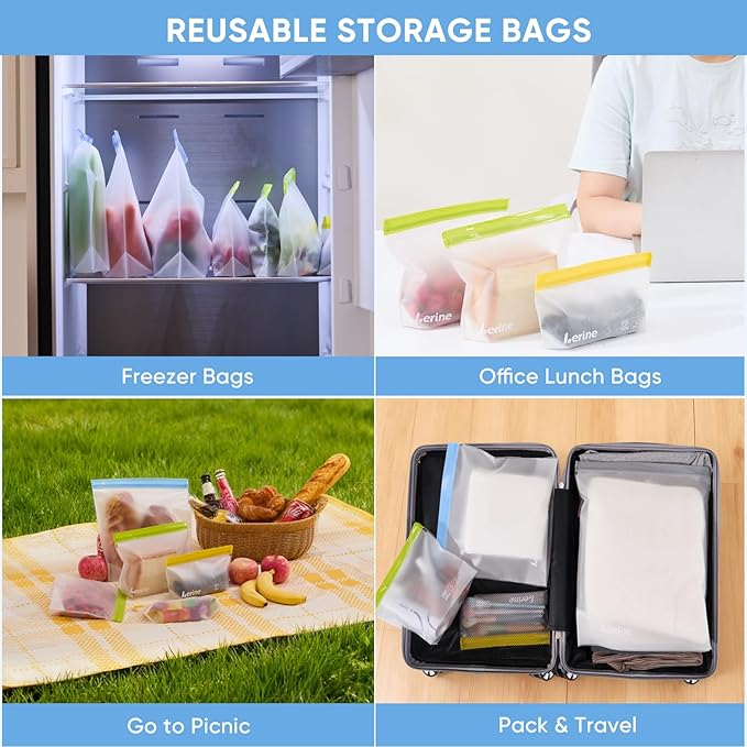 Lerine 6 Pack Reusable Freezer Bags Stand-Up Dishwasher Safe, BPA-Free Reusable 1 Gallon Bags, Leakproof Food Storage Bags for Meat Vegetables Bread Travel (Multicolor, 6Gallon)