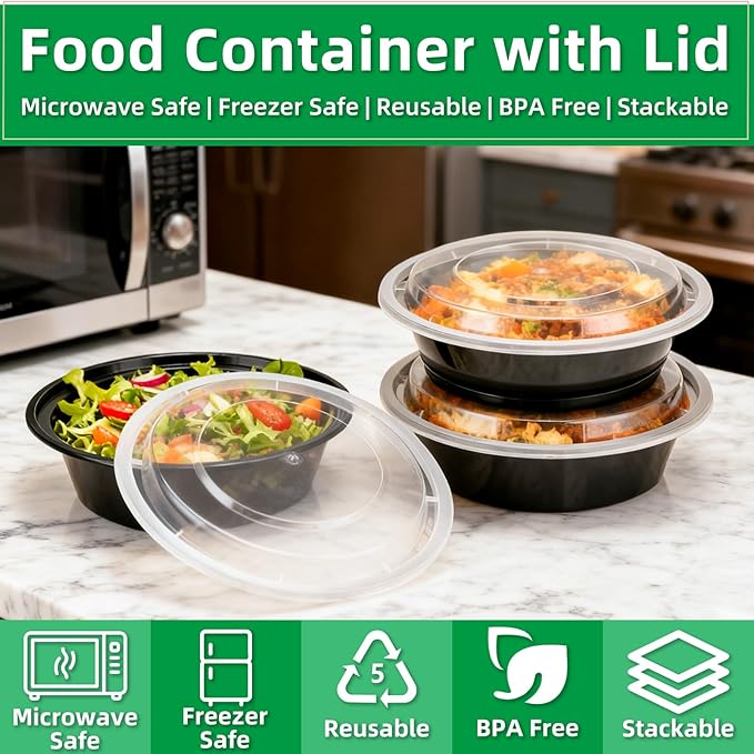Meal Prep Containers Reusable 50 Pack-28 oz Food Storage Containers with Lids To Go Food Containers Takeout, Microwave Dishwasher Freezer Safe, Stackable, BPA Free, Plastic(Black)